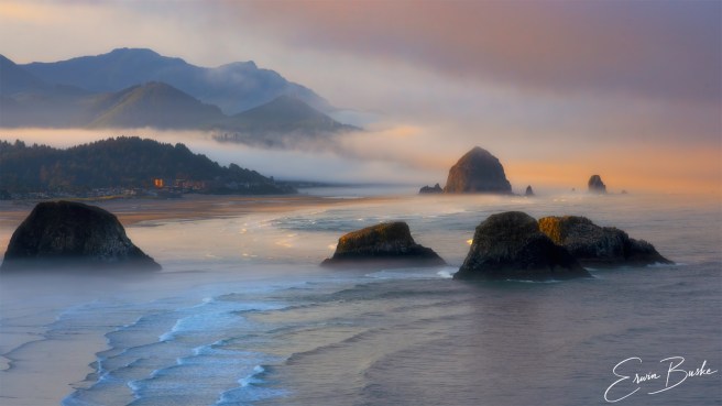 Morning light over the Oregon coast at Ecola State Park.