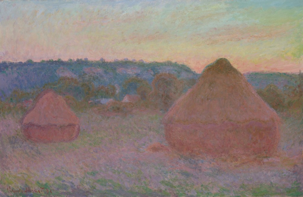 Claude Monet Stacks of Wheat at the end of an autumn day in warm changing light.