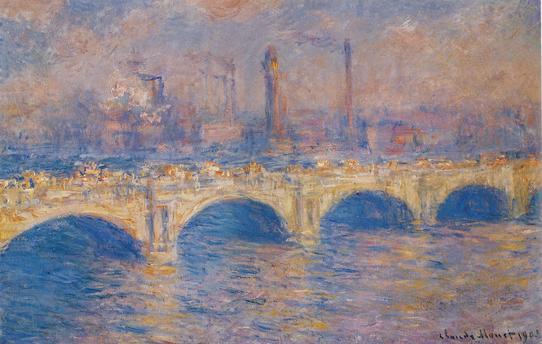 Claude Monet Waterloo Bridge at Dusk, emerging through turquoise-green haze.