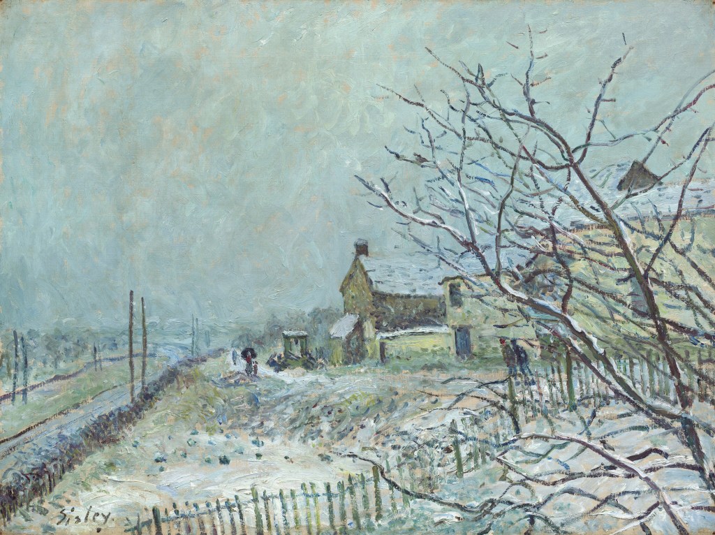 Alfred Sisley First Snow at Veneux-Nadon, with blue-violet winter shadows.