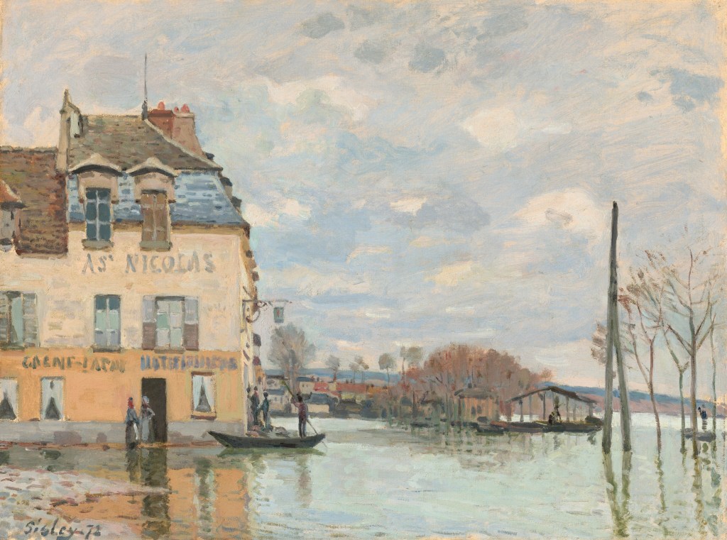 Alfred Sisley Flood at Port-Marly, with buildings and trees reflected in floodwater.