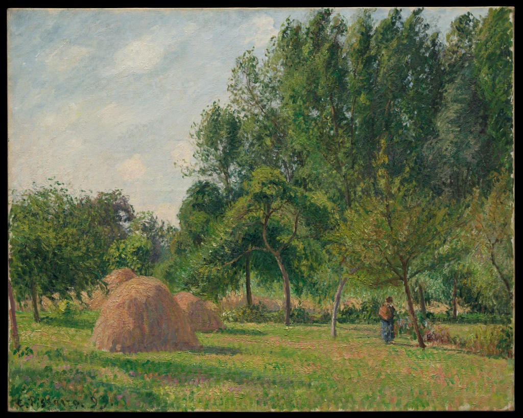 Camille Pissarro Haystacks, Morning, Eragny, showing haystacks in soft morning light.