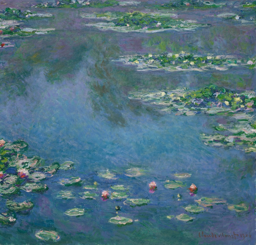 Claude Monet Water Lilies painting with mauve flowers and soft reflections on water.