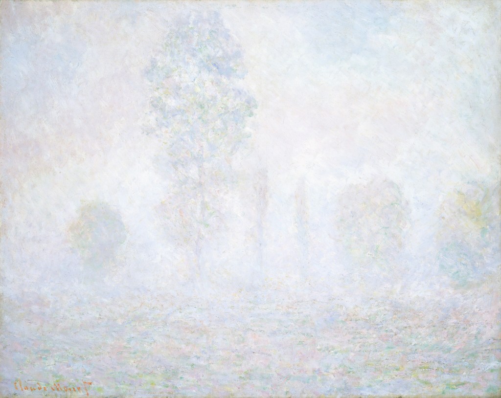 Claude Monet Morning Haze, with faint trees emerging from pale mist.