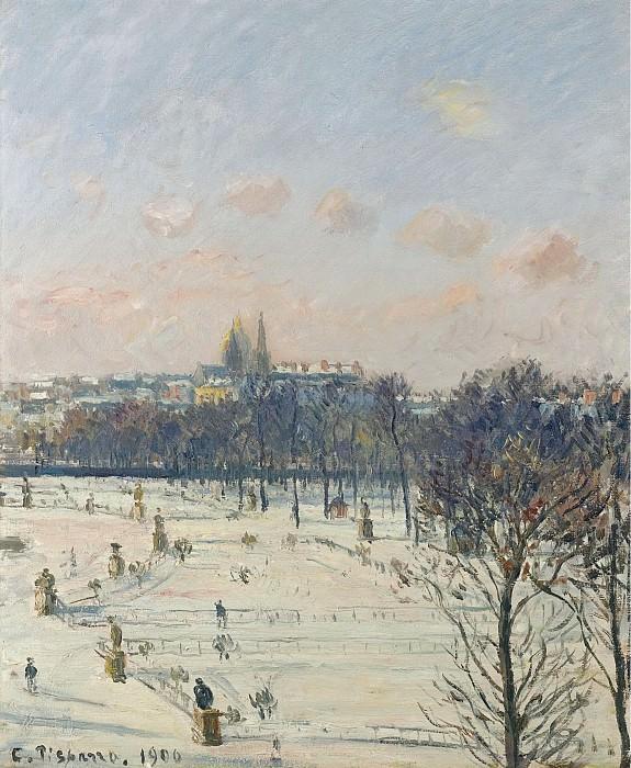 Camille Pissarro Garden of the Tuileries, with trees, figures, architecture, and patterned clouds.