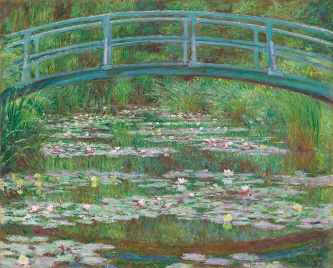 Claude Monet The Japanese Footbridge, with water lilies, foliage, and reflections.