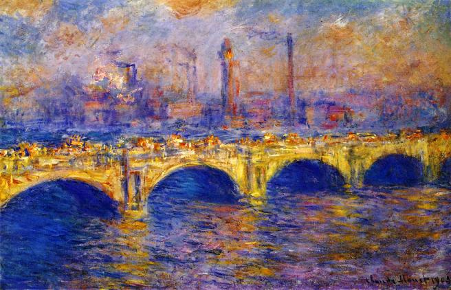 Claude Monet Waterloo Bridge, London, at Sunset, with vivid orange, pink, blue, and green reflections.